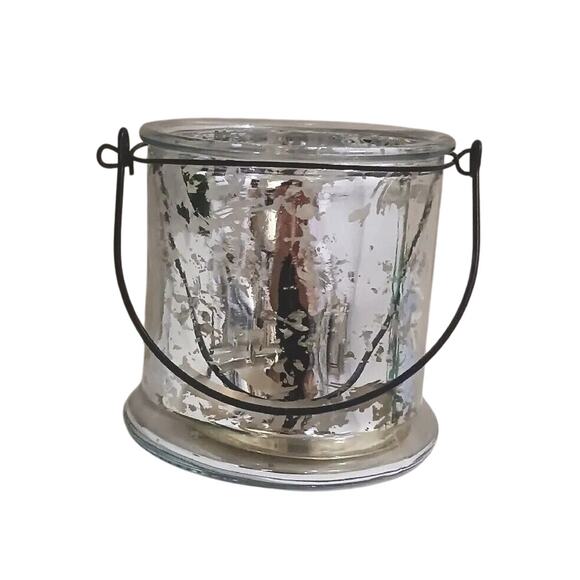 Silver Leaf Candle Canister 5" MODERN w Rustic Iron Handle Modern GLASS DECOR - Picture 1 of 10